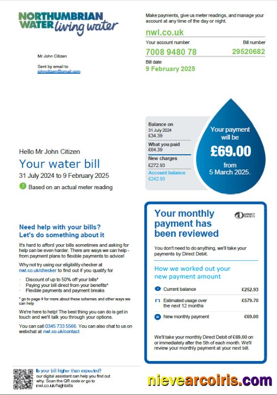 United Kingdom Northumbrian Water utility bill, version 2